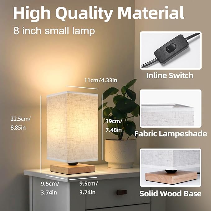 Small Square Bedside Table Lamp for Bedroom, Minimalist Wood Base & Round Fabric Shade, Mini Cute Cozy Warm Nightstand Boho Lamp, Study Desk Night Stand Light for Room, Dorm, Nursery, Living Room