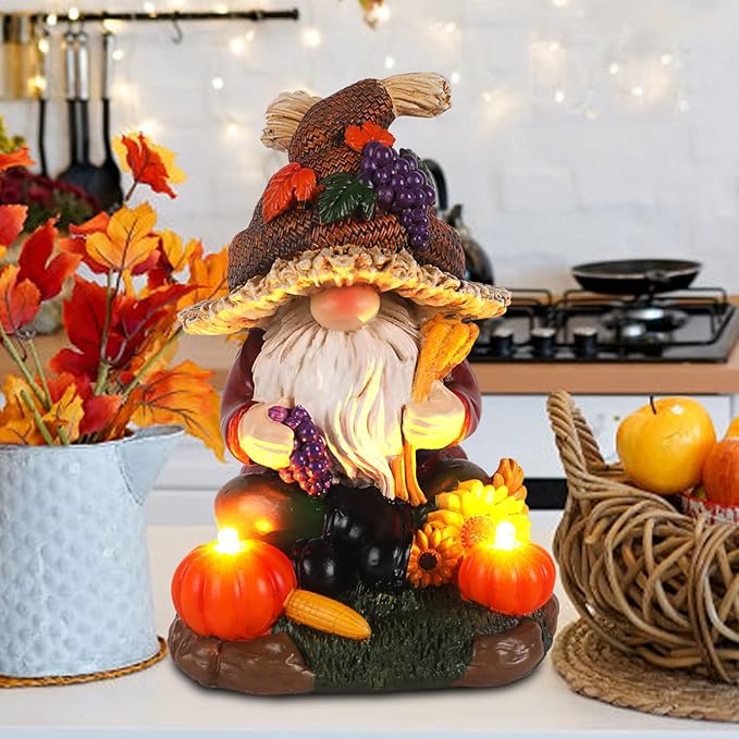 Thanksgiving Decor Fall Gnome Sculpture with Pumpkin Candle Hand-Painted Autumn Harvest Centerpiece for Home Fall Harvest Table Decor For Home Office Shelf Kitchen - Thanksgiving Autumn Gift