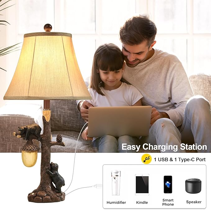 LOKHOM Rustic Western Bear Table Lamp with Nightlight Set of 2, 26“ Rustic Bedside Lamp with USB & Type C, Touch Control Natural Bears Table Lamp for Bedroom Living Room Foyer Office