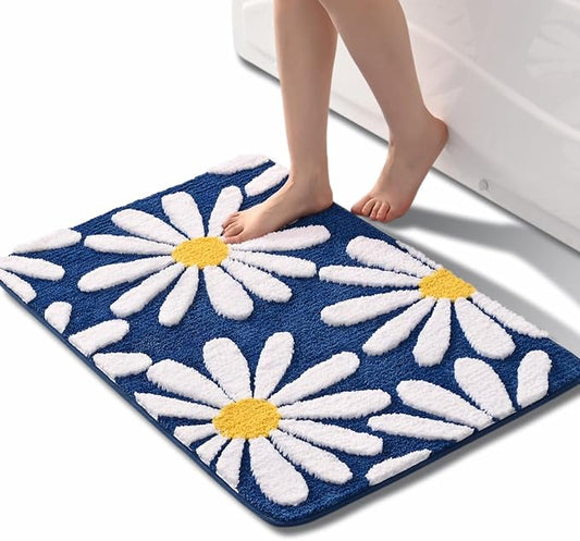 QJHOMO Navy Blue Bathroom Rugs Cute Daisy Bath Mat White and Yellow Flower Decor Rug Non Slip Floor Carpet Microfiber Bathmat Super Absorbent Machine Washable Bathtub Mats for Shower (24x36 inch)