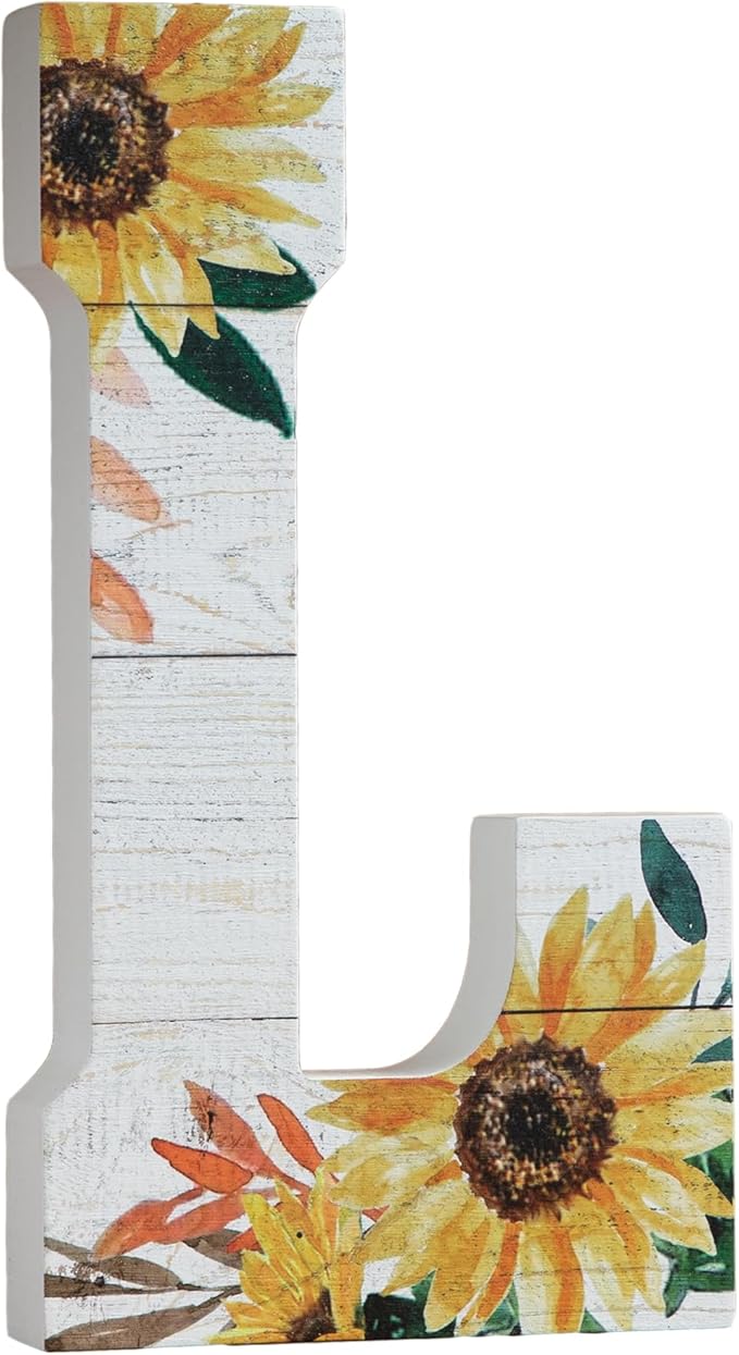 COLLECTIVE HOME - 10" Wood Lettes for Wall Decor, Sunflower Tabletop Alphabet Decoration, DIY Farmhouse Decor, Rustic Freestanding Monogram Block (L)