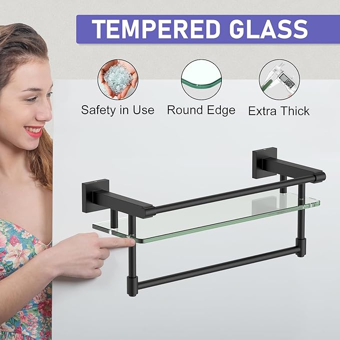 Glass Shelf for Bathroom 16 Inch Bathroom Shelves with Towel Bar, Tempered Glass Shelves with Stainless Steel Towel Holder for Wall Shelf Sink Over Toilet (Matte Black)