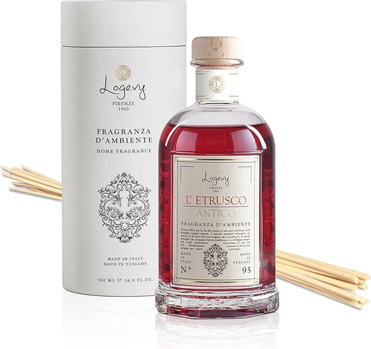 Logevy Firenze 1965 L’Etrusco Antico – The Ancient Etruscan Luxury Home Fragrance Diffuser from Master Perfumer with Spicy & Woody Notes in Elegant Glass Bottle with 12 Natural Bamboo Reeds – 500ml