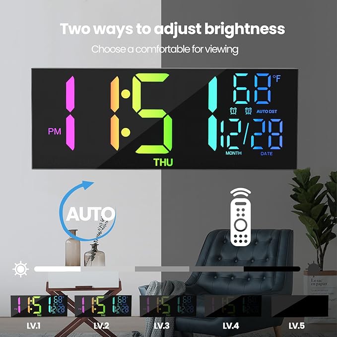 MEISD Digital Wall Clock, 13" Large Display Alarm Clock with Remote Control, RGB Colors, Dual Alarm, Auto-Dimming,Digital Clock with Night Light, Auto DST, Date Week,Gift for Elderly