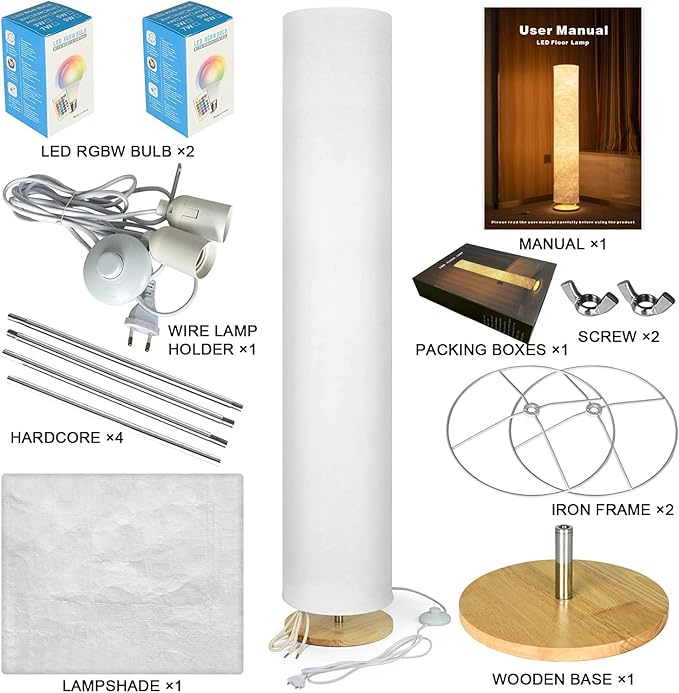 LED Soft Light Floor Lamp, 52" Simple Design Morden Slim RGB 16 Color Changing Tyvek Fabric Shade Dimmable Remote Control & 2 Smart LED Bulbs Standing Lamp for Living Room Bedroom Game Room