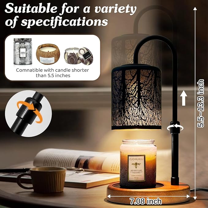 Candles Warmer with Timer and Dimmer, Adjustable Height Candle Melter, Electric Wax Warmer Vintage Home Decor for Jar Candles,2 Bulbs,Black