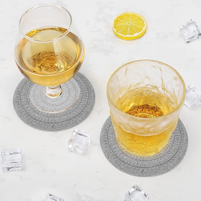 ABenkle Drink Coasters with Holder Set of 10, Cotton Woven Absorbent Coasters for Drinks, Minimalist Home Decor Coaster Set for Wooden Tabletop Protection Table, 4.3 inches