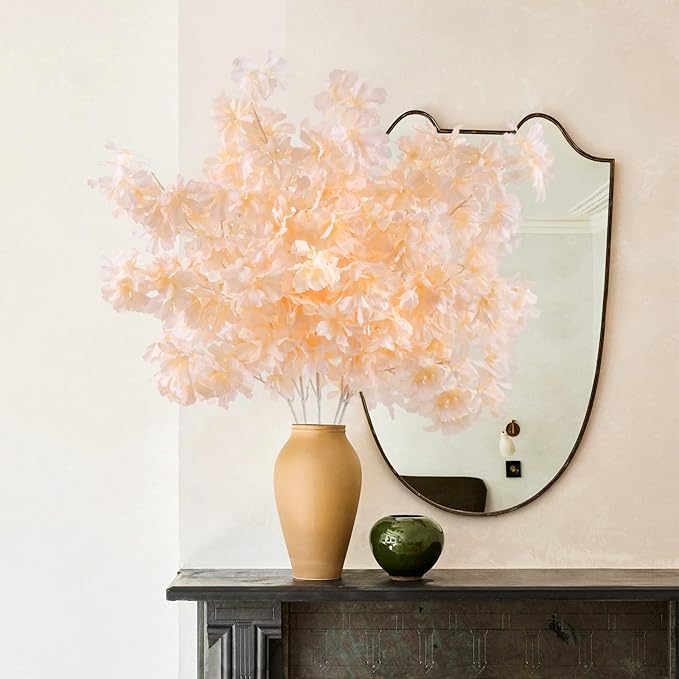 Pusuny Artificial Faux Cherry Blossom Branches Decor, 35 Inch for Tall Floor Vase Used as Wedding Home Decoration, Fake Flowers for Dinner Table Centrepiece, Champagne, 5PCS