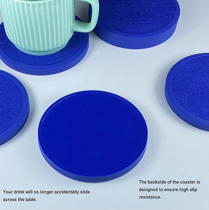 Absorbent Coasters with Holder - 6 Pack, Silicone with Soft Felt Insert (4.3 Inch Coasters, 4.5 Inch Holder, Blue)