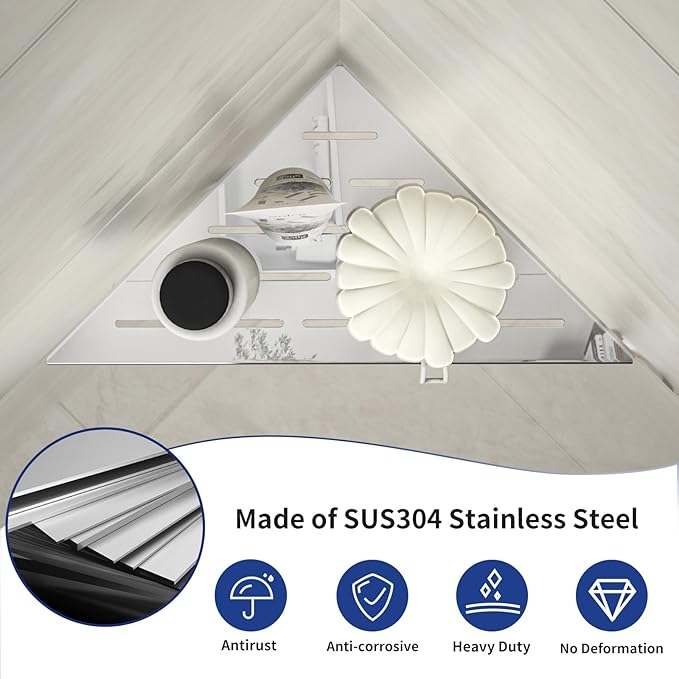 Corner Shower Shelf 10" Polished 304 Stainless Steel Recessed Corner Shelves with Slot Design Bathroom Shelf Racks for Tiled Wall, 2 Pack