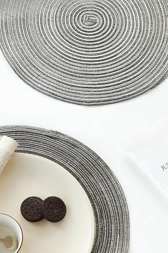 Floroom 15 Inch Round Braided Placemats Set of 6, Washable Heat Resistant Cotton Polyester Circle Place Mats for Kitchen Dining Table - Mist Grey