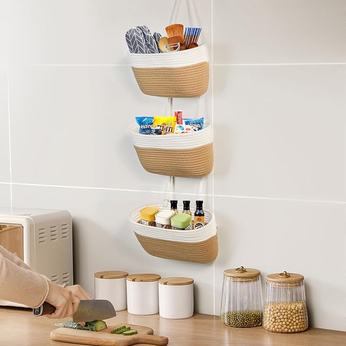 DULLEMELO Hanging Storage Basket for Organizing, 3-Tier Over The Door Organizer, Woven Wall Basket Decor Hanging Baskets for Storage, Versatile Storage for Every Room, White&Jute