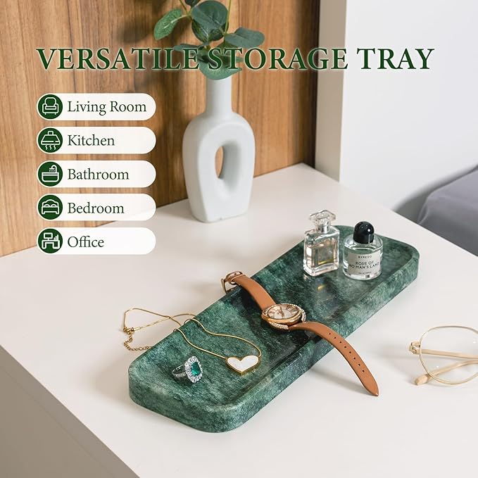 Koville Marble Tray for Bathroom Sink, 12"x4" Natural Stone Vanity Tray for Kitchen Dresser Countertop, Rectangular Decorative Marble Trays for Jewelry Perfume Trinket(Green)