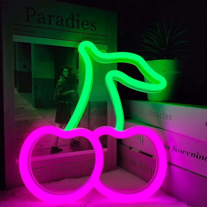 Cherry Neon Sign, Red Green Cherries Neon Lights, Cherry Neon Signs for Wall Decor, Cute Fruits LED Signs for Kids Room,Restaurant,Bar,Fruit Shop,Home Green+Pink
