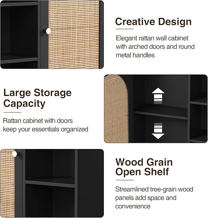 Rattan Bathroom Wall Cabinet, Boho Medicine Wall Cabinets with Door and Adjustable Shelves, Tall Kitchen Wall Mounted Storage Cabinet, Floating Hanging Cabinet Space Saver for Laundry Room,Black