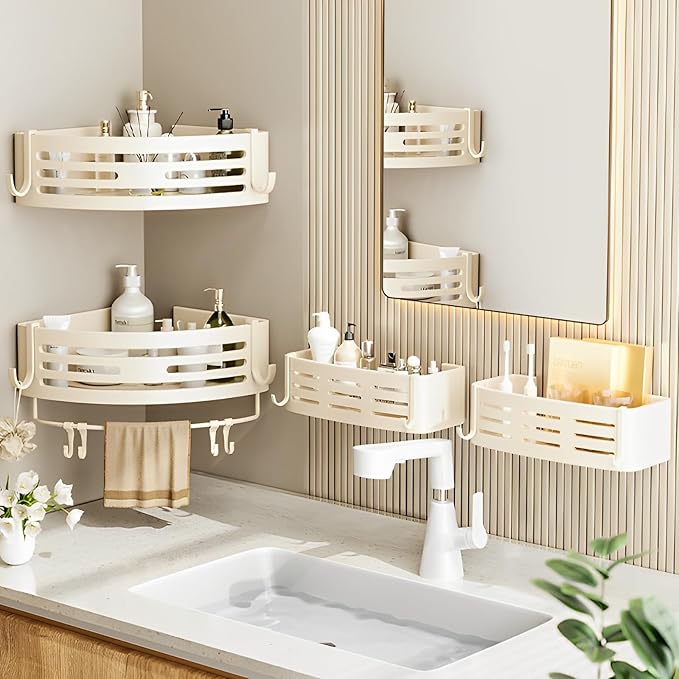 Corner Triangle Shower Shelves with Connecting Rods and 6 Hooks, Drilled or Non-Drilled Rust Resistant Storage Shelf for Bathroom, Kitchen, Wall Mounted Storage Shelf (1 Pack, White)