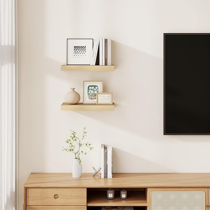 Floating Shelves for Wall, Real Wood Floating Shelf Set of 2, 8 Inch Deep Floating Shelves, Rustic Wood Wall Shelf for Home Decor, Deep Storage Shelves for Bathroom, Kitchen, 16"W x 8"D, Natural Color