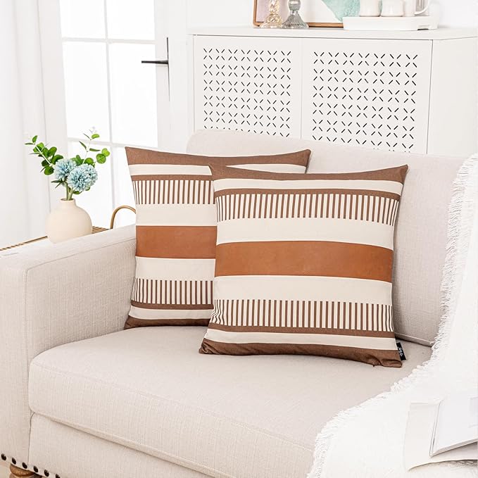 Farmhouse Stripe Pillow Cover 18x18 Boho Accent Cushion Case Faux Leather Decorative Pillowcase,Cocoa Brown and Beige (Cover ONLY, Pack of 2)