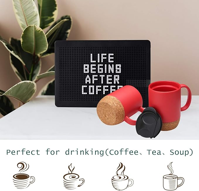 Coffee Mug Set of 2, 15 OZ Large Coffee Mugs with Handle for Tea, Ceramic Mug with Cork Bottom and Lid, Coffee Cups for Women and Men (Red)