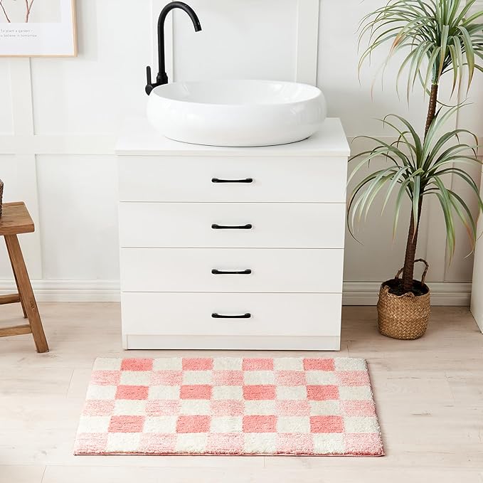 CozeCube Pink Checkered Bath mats Non Slip, Fluffy Absorbent Microfiber Runner Bath mat Washable, Aesthetic Bathroom Rugs, Long Bath mat for Bathroom Floor, 59"X24"