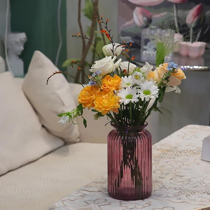 OFFIDIX Glass Vase,7.3 * 4.3in Vertical Line Geometric Faceted Design Flower Vase
