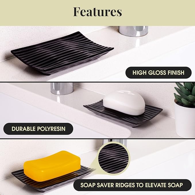 Modern Zen Black Ceramic Soap Dish - 4.9 x 3 Inches Sleek Bathroom Soap Tray - Durable Bar Soap Holder with Soap Saver Ridges, Black Soap Dish for Bathroom, Kitchen, or Shower