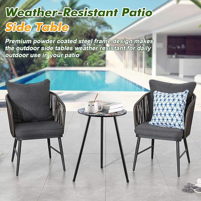 2 Packs Metal Mosaic Round Side Tables 13.4" Small Outdoor Patio Round Accent Coffee Tables Indoor Corner Stand for Small Spaces Weather-Resistant for Balcony, Porch Plant Stands Indoor, Mixed Mosaic