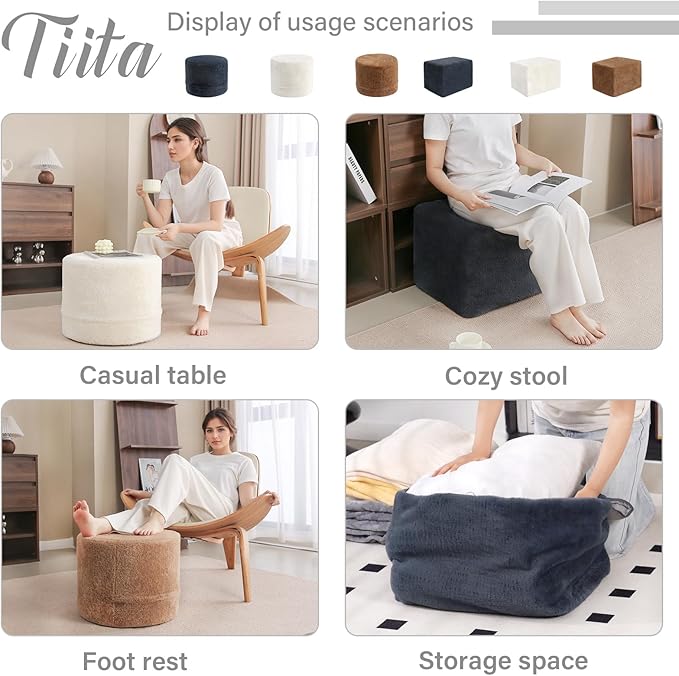 Tiita Pouf Ottoman and Foot Rest, Round Foam Stuffed Floor Pouf with Storag for Living Room, Brown