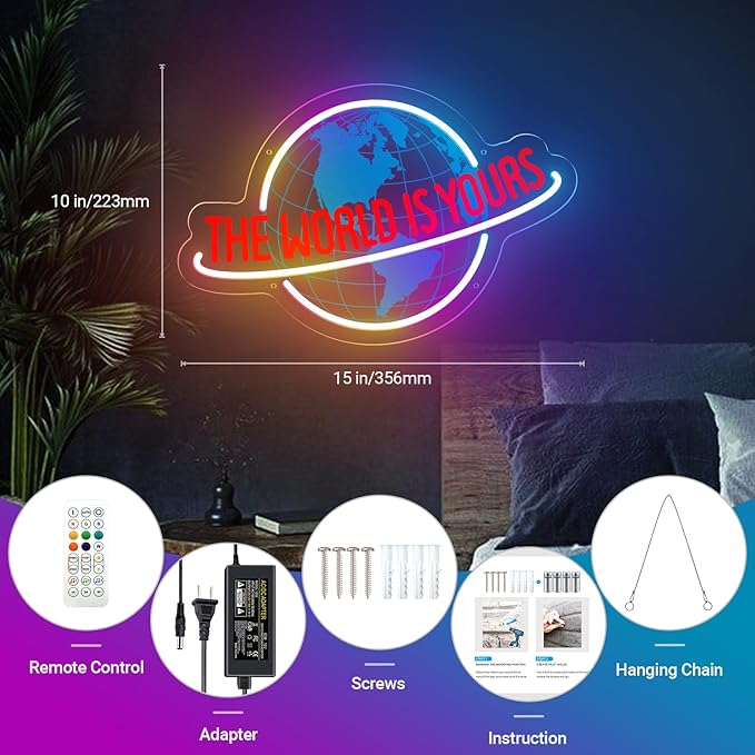 The World is Yours Neon Sign, Remote Planet LED Neon Light Lamp for Wall Decor, USB Power for Man Cave Home Bar Bistro Club Cafe Wedding Game Room Bedroom Birthday Gift Graduation Party (Multicolor)