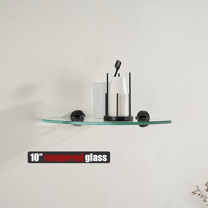 JQK Corner Glass Shelf, Oil Rubbed Bronze Bathroom 304 Stainless Steel Shower Triangle Floating Wall Shelf, 10 x 10 Tempered Glass, 2 Pack, TGS190L10-ORB-P2
