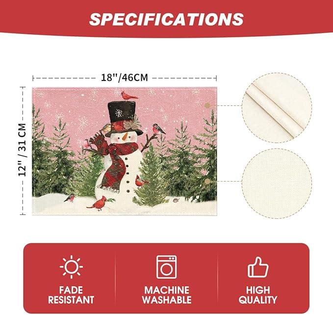 Artoid Mode Snowman Birds Trees Christmas Placemats Set of 4, 12x18 Inch Seasonal Pink Winter Holiday Table Mats for Party Kitchen Dining Decoration