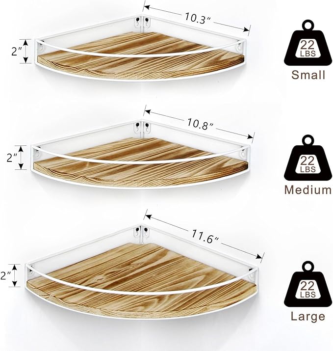 Corner Shelf Wall Mounted, Corner Floating Shelves for Wall, Wood Storage with Cable Hole for Kitchen Living Room Bedroom Bathroom, White Set of 3
