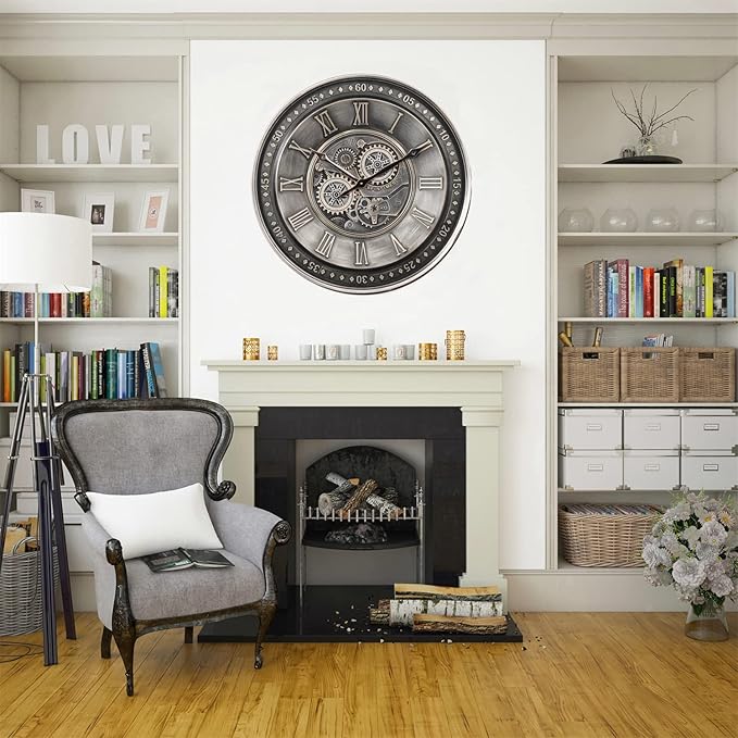 CLXEAST 24 Inch Large Moving Gear Wall Clock for Living Room Decor, Antique Silver Metal Roman Numerals Wall Clocks for Home Office