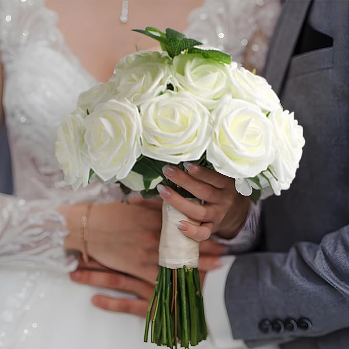 Artificial Flowers Milk White Roses 50PCS Real Looking Foam Fake Roses with Leaves and for DIY Wedding Bouquets Bridal Shower Centerpieces Party Decorations (Ivory)