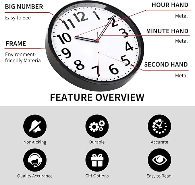 Wall Clock Silent & Non Ticking Modern Quartz Battery Operated Digital Quiet Sweep Office/Home/School/Kitchen Decor Clocks 9 Inch Black
