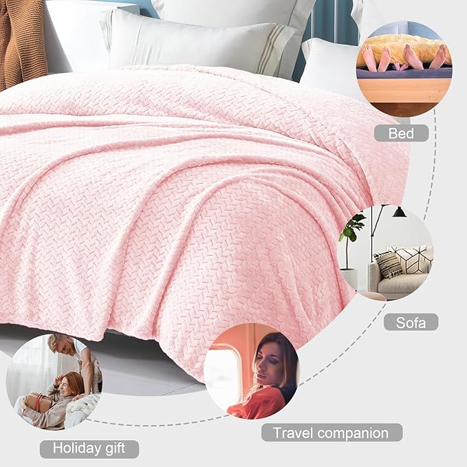 Exclusivo Mezcla Light Pink Fleece Throw Blanket for Couch and Bed, 50x70 Inches Soft Cozy Jacquard Flannel Blankets, Lightweight Fuzzy Plush Warm Throws for All Seasons