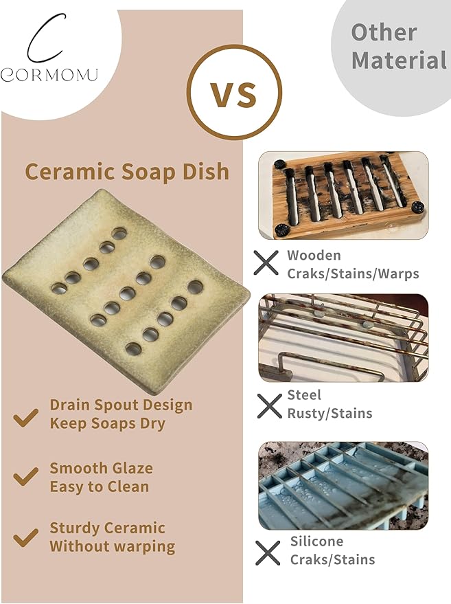 Soap Dish for Shower, Shower Soap Holder for Bathroom, Porcelain Japanese Soap Tray, Keep Dry, 5" x 3.8" Used in Kitchen, Bathroom and Bar Sink, Yellow