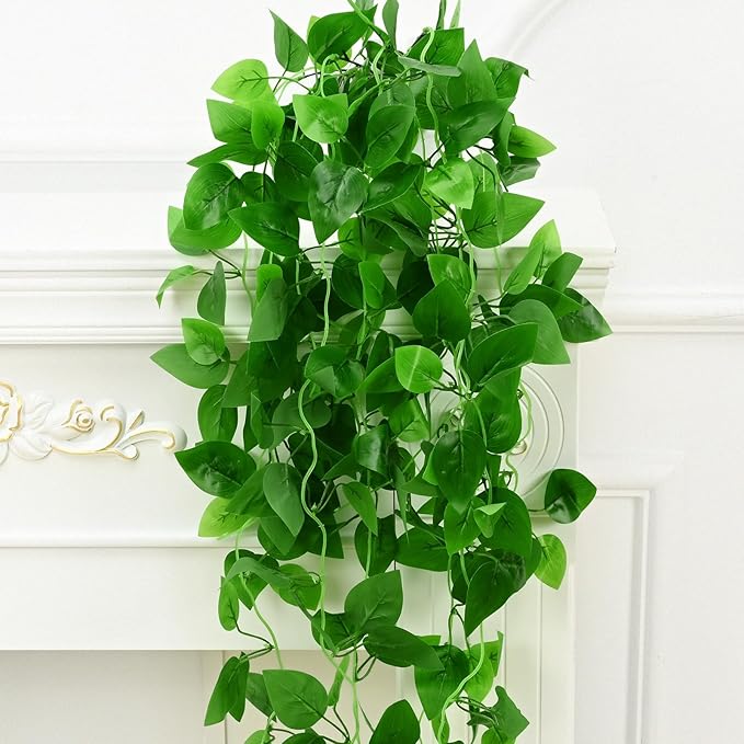 BLEUM CADE 8Pcs Fake Hanging Plants, 9 Branch Artificial Hanging Plant, Lush Faux Pothos Vines for Home Room Wall Shelf Porch Outdoor Indoor Decor (No Baskets)