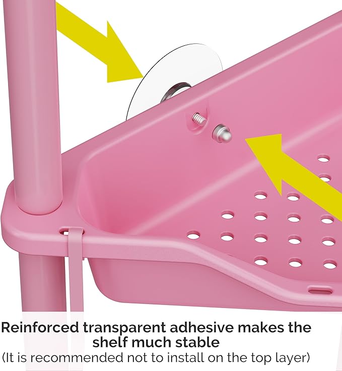 Orimade Rustproof 5 Tier Floor Standing Corner Shower Caddy Organizer, Plastic Metal Splicing Floor Corner Shelf Rack Stands for Bathroom, Pink