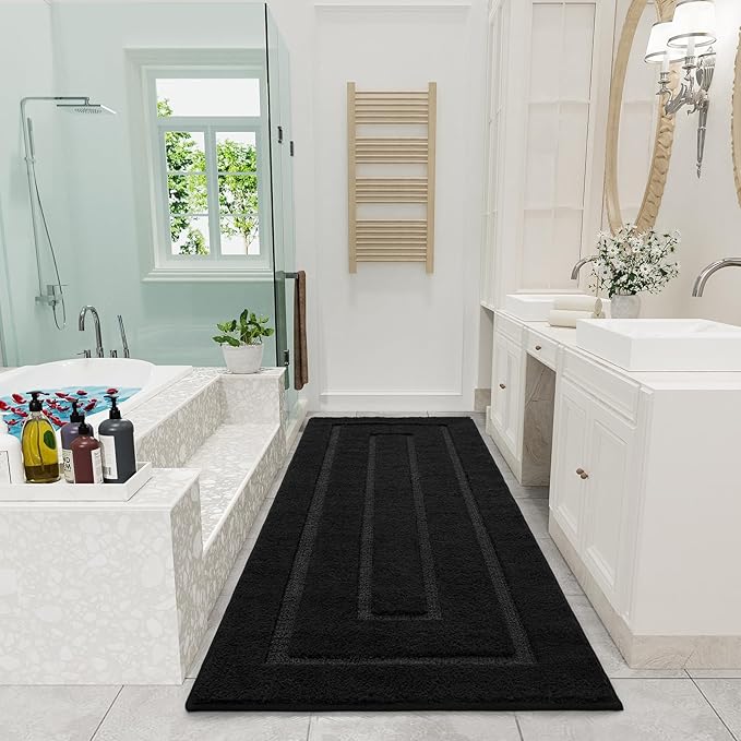 HOMORE Bathroom Runner Rugs 24 x 70 Non Slip Washable Long Bath Rug, Black Rugs for Bathroom Absorbent Bath Rug Runner with TPR Backing, Soft and Thick Bath Mat for Shower Floor