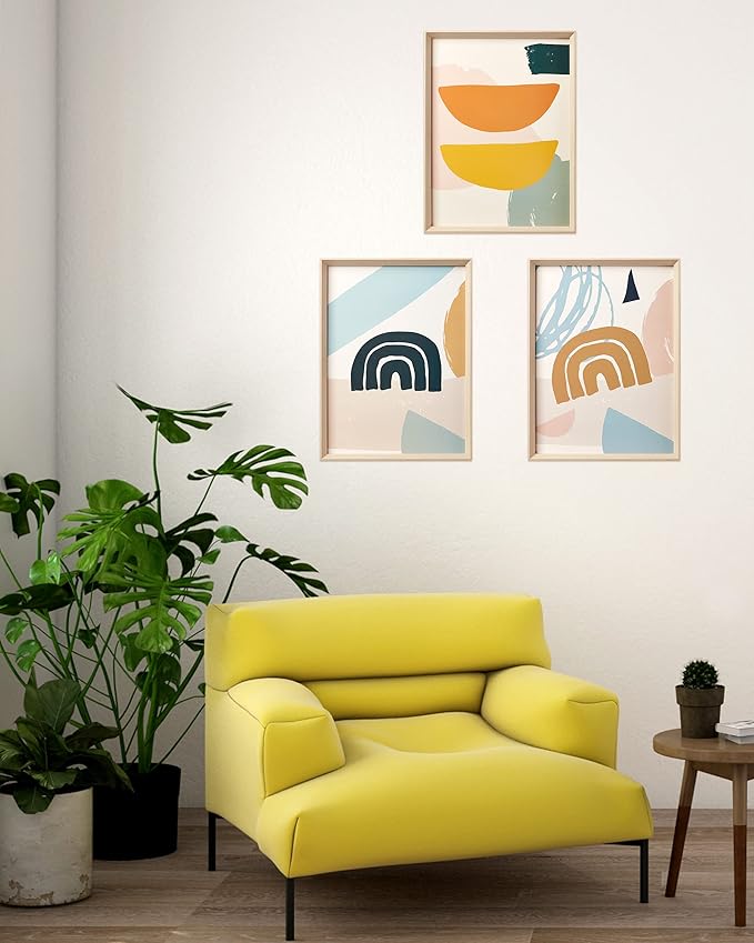 Framed Boho Wall Art for Bedroom,Abstract Canvas Wall Decor,12x16IN Minimalist High Framed Wood Design Prints for Living Room,Bathroom Set of 3