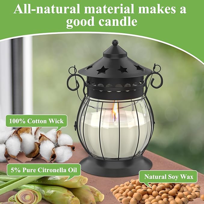 Citronella Candles Outdoor, 2 x 6oz Scented Candles with Vintage Metal Lantern Holder, Natural Citronella Soy Wax Candles, Lemongrass Candles for Patio, Garden, and Camping - Gifts for Women