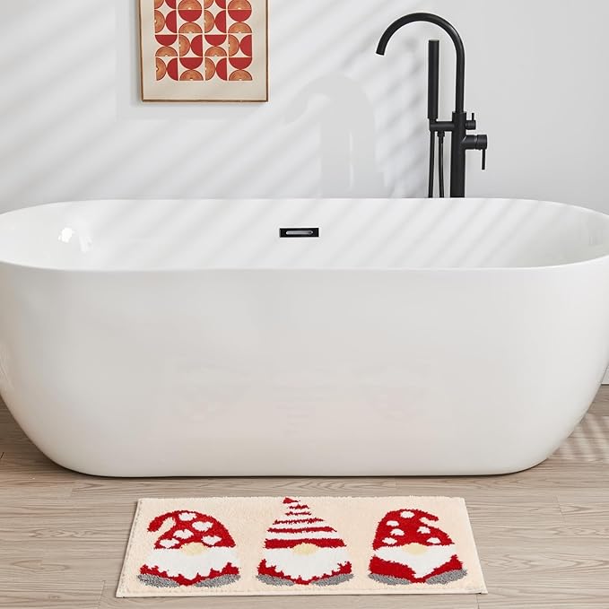 Douceur Christmas Gnome Bathroom Rugs, Cute Beige Bath Mat, Christmas Bathroom D cor Non Slip Bath Rugs, Soft and Absorbent Washable Rugs 24"X16"