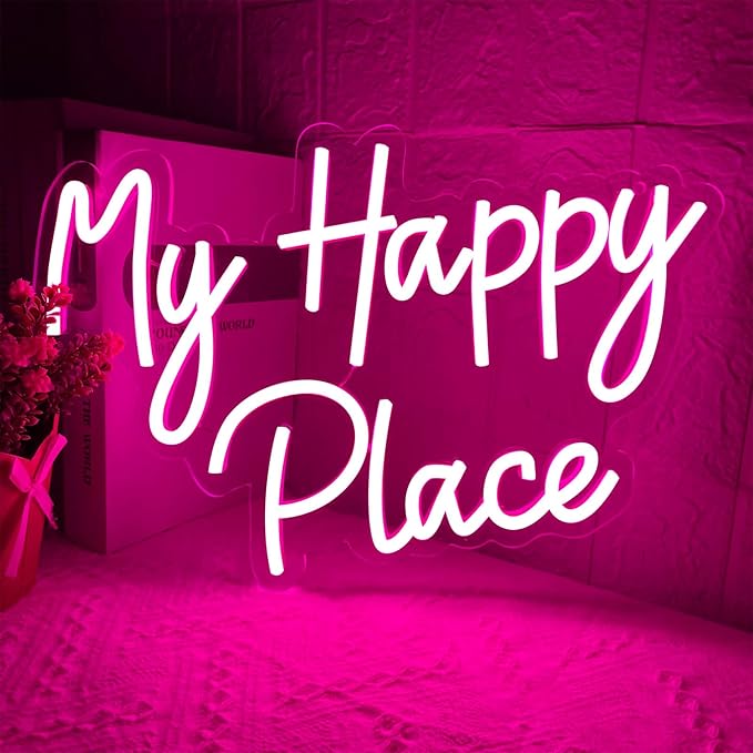 My Happy Place Neon Sign, Dimmable Pink LED Neon Light for Wall Decor, USB Powered My Happy Place Signs, Words Neon Lights for Girls Bedroom Birthday Party Wedding Christmas Halloween Aesthetic