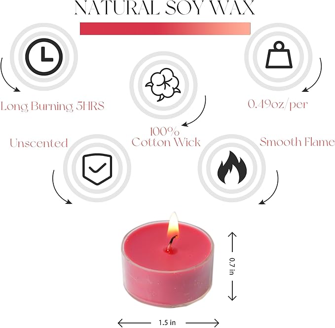 12 Unscented Natural Soy Tealight Candles in Clear Cups, 5H Long Clean Burning, Hand-Poured Red Mini Tea Candle Set for Parties, Spa, Meditation, Gift, Holiday, Emergency, Home Decor