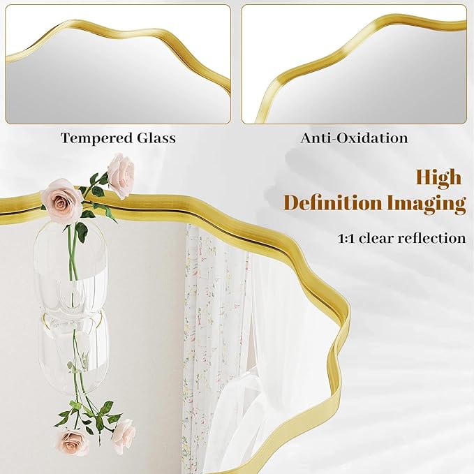 Round Wavy Mirror, 20 Inch Metal Frame Circle Mirror, Round Wall Mounted for Entryway, Bathroom, Vanity, Living Room, Gold