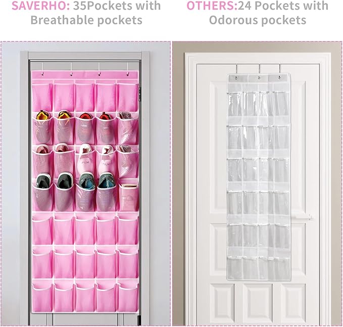 35 Pockets Over the Door Shoe Organizer, Hanging Shoe Organizer for Door with 35 Mesh Pockets Large Capacity Shoe Hanging Storage Bag with 4 Metal Hooks (Pink-1Pack)