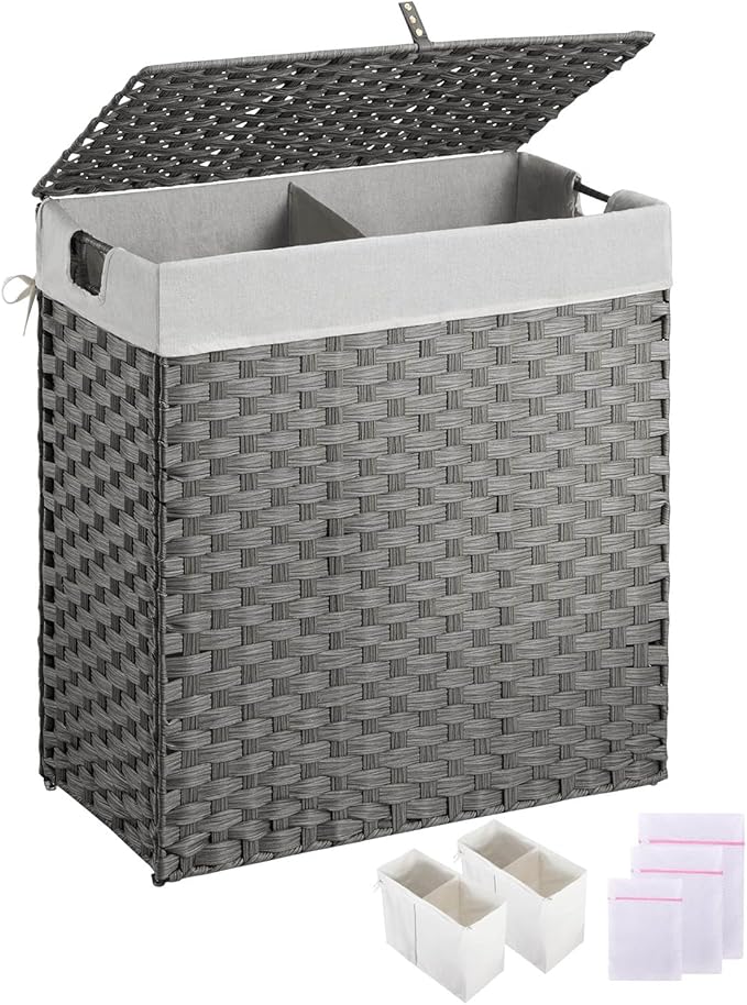 Greenstell Laundry Hamper with lid, No Install Needed, 110L Wicker Laundry Baskets Foldable 2 Removable Liner Bags, 2 Section Clothes Hamper Handwoven Rattan Laundry Basket with Handles, Gray
