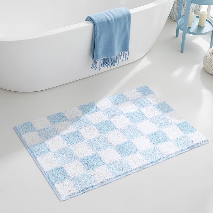 GRANNY SAYS Checkered Blue Bathroom Rugs, 36" x 24", Non-Slip Bath Mats for Bathroom, Plush Shag Absorbent Microfiber Ultra Soft Bath Mat, Cute Washable Rug for Tub, Shower, Bedroom