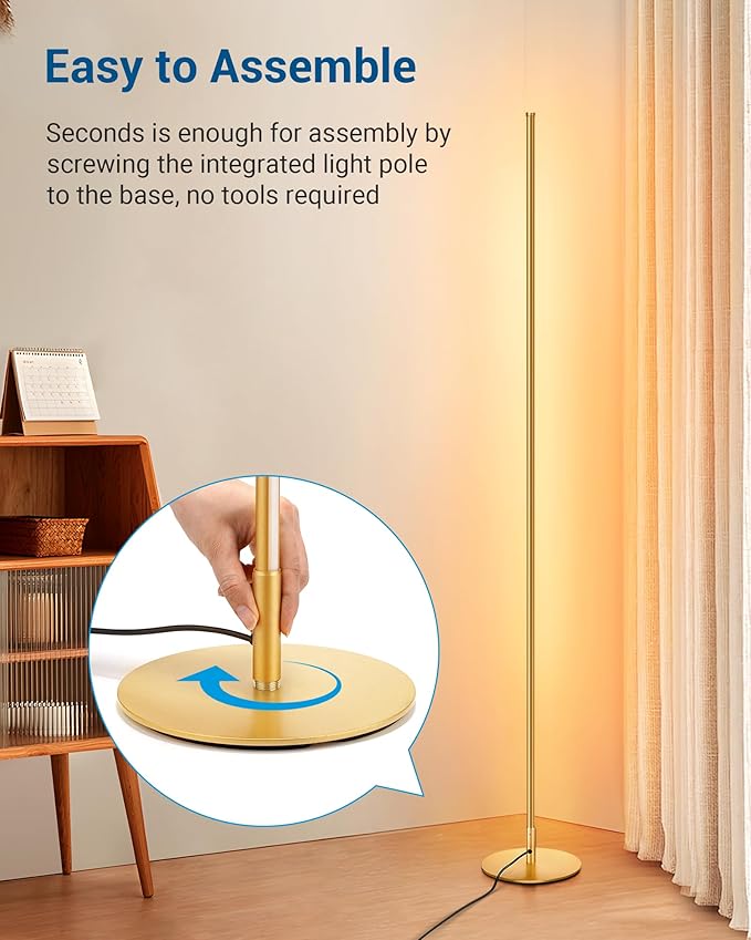 DEWENWILS Floor lamp, 1100Lumen Modern Dimmable Corner Floor Lamp with 3000K Warm Light & Foot Switch, 57.5" Tall Standing Lamp for Living Room, Bedroom, Gold